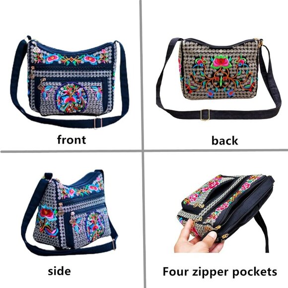 Hobo Crossbody Bag for women, Vintage Ethnic Tribal Embroidered Boho Hippie Tote - Picture 3 of 6